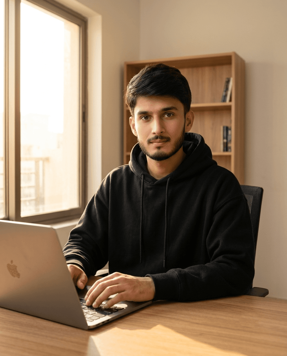 Bisharat Iqbal, designer and founder of Devzelo, working at his desk in Lahore