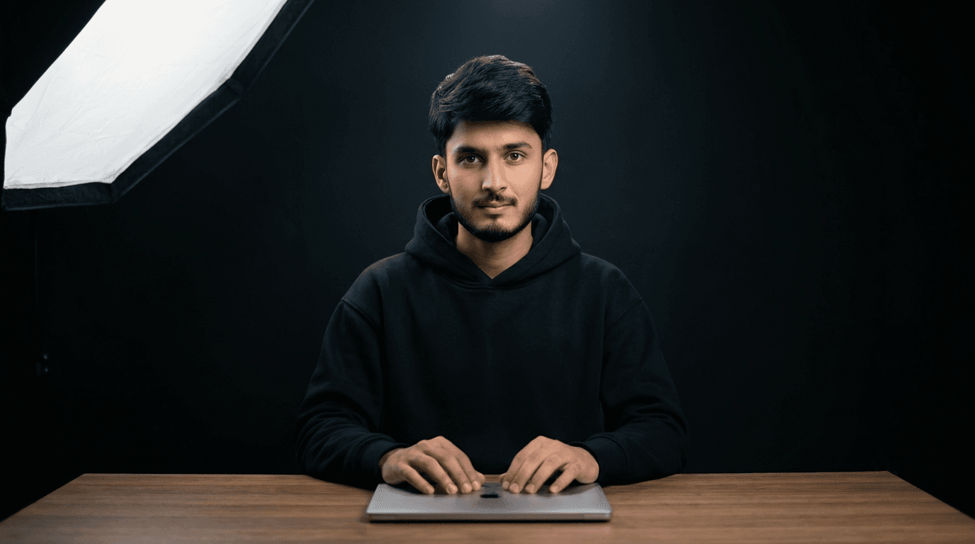Bisharat Iqbal, UI/UX designer and agentic engineer, seated at a desk with a laptop in his studio